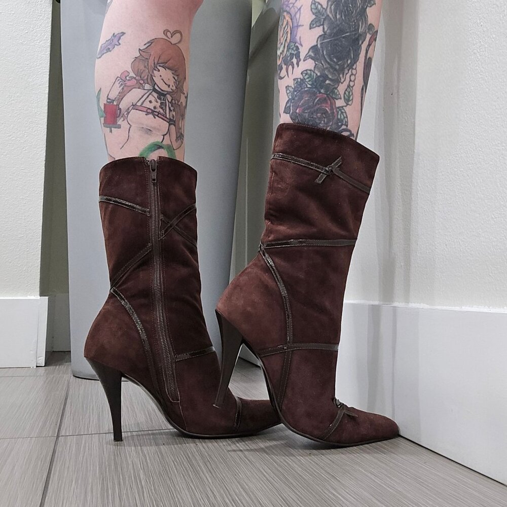 BCBG Paris ✦ Brown Suede Heeled Boots ✦ Stiletto Zipper Strap Detail Size 8